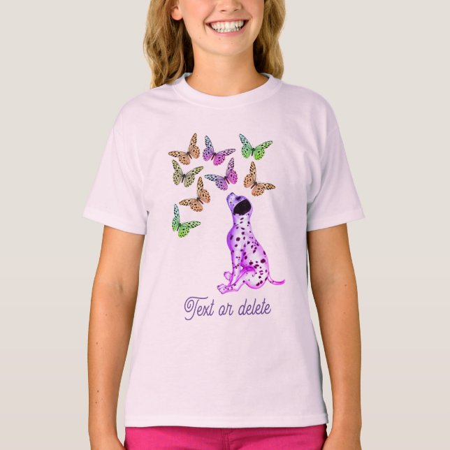 Personligen Dalmatien Puppy Colorful Butterflies T Shirt (Framsida)