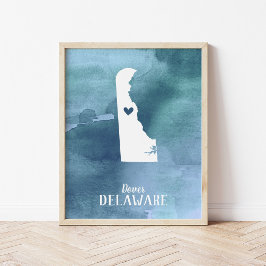 Personligen Delaware Karta Blue Watercolor Art Poster
