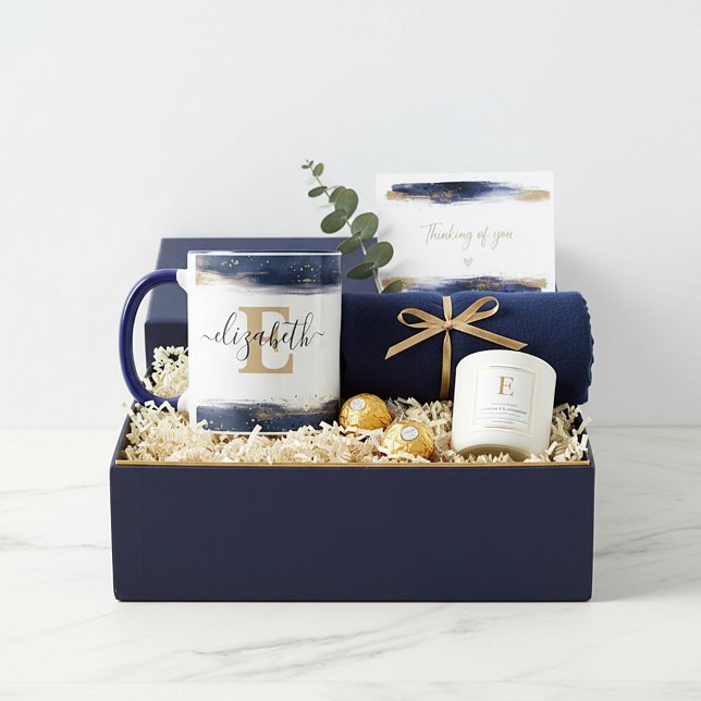 personligen elegant blå och guld penseldrag mugg (Skapare uppladdad)