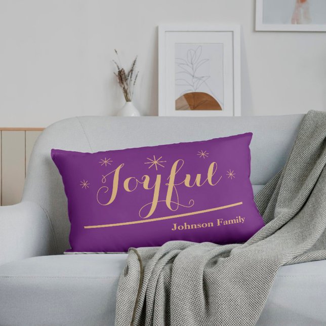 Personligen Elegant för Glatt  i jul, Namn Lumbarkudde (These Joyful purple & gold lumbar pillows are sure to get everyone in a holidays mood.)
