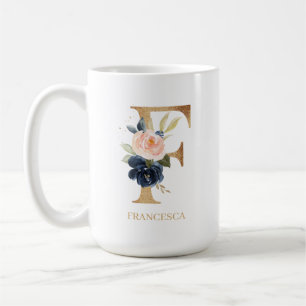 Personligen ’F’ för marin  Blommigt, Monogram Kaffemugg