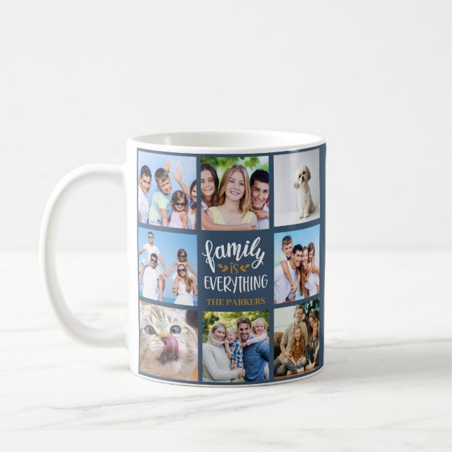 personligen "Familj är allt" Fotokollage Kaffemugg (Vänster)