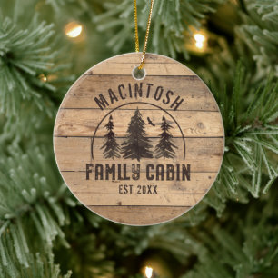 Personligen Family Namn Cabin Rustic Wood Forest  Julgransprydnad Keramik