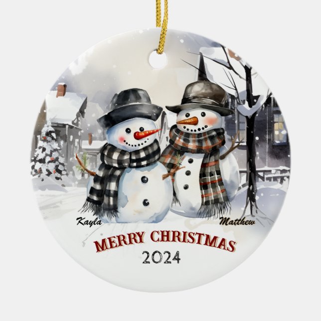 Personligen Family Snögubbe, julprydnad Julgransprydnad Keramik (Framsidan)