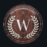 Personligen Faux Walnut Wood Grain Monogram Darttavla<br><div class="desc">Fantastisk design med en kategoriserad,  faux walnut-träkorna med familjens monogram inuti lagret,  och fullt efternamn och datum nedan. Gör perfekten till födelsedag eller studenten,  husuppvärmning,  bröllop eller något tillfälle!</div>