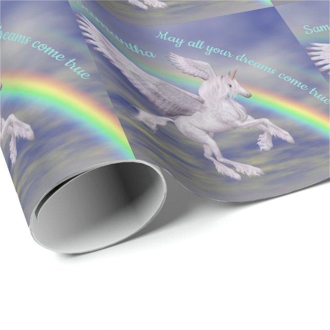 Personligen Flöda Unicorn over Rainbow Dreams Presentpapper (Rullad Hörn)