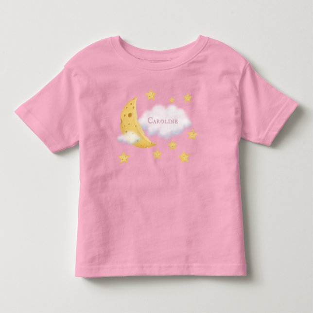 Personligen Fluffy Cloud Rosa i Ost Måne & Stars T Shirt (Framsida)