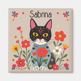 Personligen Folk Art Black Cat and Flowers Magnet