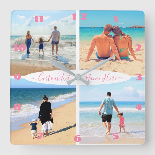 Personligen  för 4 fotosamlingstext i Namn-familje Fyrkantig Klocka (Framsida)