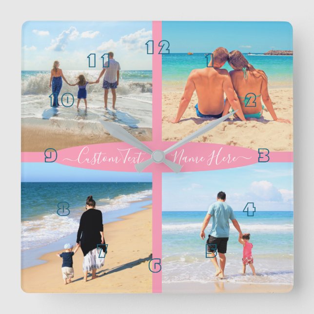 Personligen  för din 4 Photo Collage Family Kärlek Fyrkantig Klocka (Framsida)