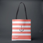 Personligen för  för Coral Rand Nautical Anchor Tygkasse<br><div class="desc">Nautiskt ankare på levande korall och vit rand bakgrund,  personlig brudens sida till väskan. Anpassa text,  teckensnitt stil,  färg och storlekt. Rand som visas i levande korall kan anpassas efter ditt val av färg.</div>