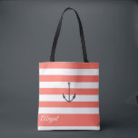 Personligen för  för Coral Rand Nautical Anchor Tygkasse<br><div class="desc">Nautiskt ankare på levande korall och vit rand bakgrund,  personlig brudens sida till väskan. Anpassa text,  teckensnitt stil,  färg och storlekt. Rand som visas i levande korall kan anpassas efter ditt val av färg.</div>