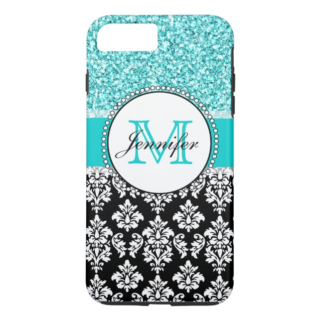 Personligen för svart, Teal, Glitter Black Damask Case-Mate iPhone Skal (Baksida)