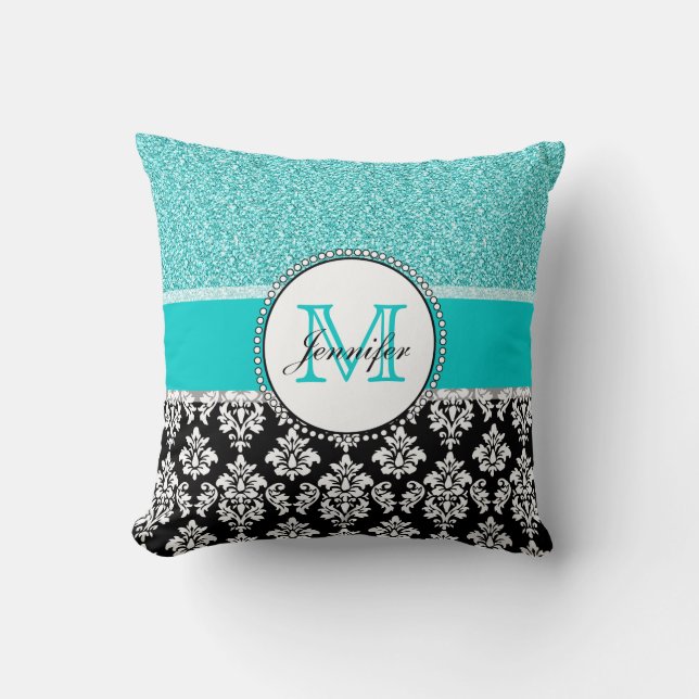 Personligen för svart, Teal, Glitter Black Damask Kudde (Framsida)