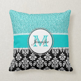 Personligen för svart, Teal, Glitter Black Damask Kudde