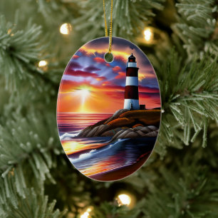 Personligen för vackra Ocean Sunset och Lighthouse Julgransprydnad Keramik