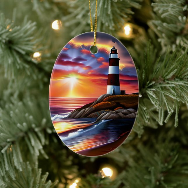 Personligen för vackra Ocean Sunset och Lighthouse Julgransprydnad Keramik (Träd)