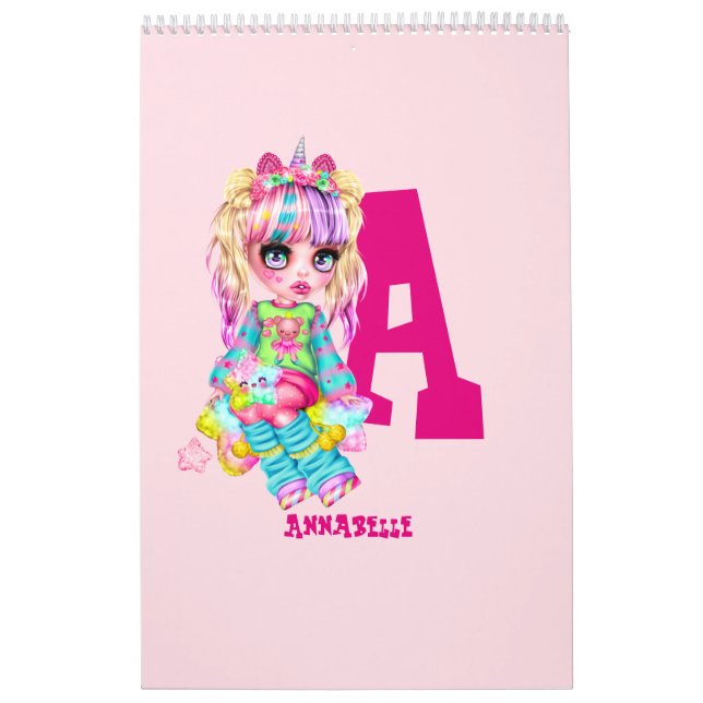 Personligen Girls Cute Unicorn, Monogram Kalender (Omslag)