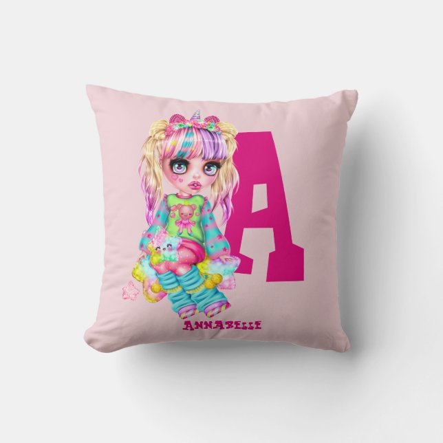 Personligen Girls Cute Unicorn, Monogram Kudde (Framsida)