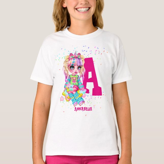 Personligen Girls Cute Unicorn, Monogram T Shirt (Framsida)