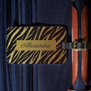 Personligen Girly Luxury Black Guld Classy Zebra Bagagebricka