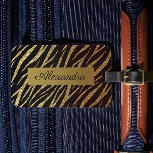 Personligen Girly Luxury Black Guld Classy Zebra  Bagagebricka (Framsida Insitu 4)