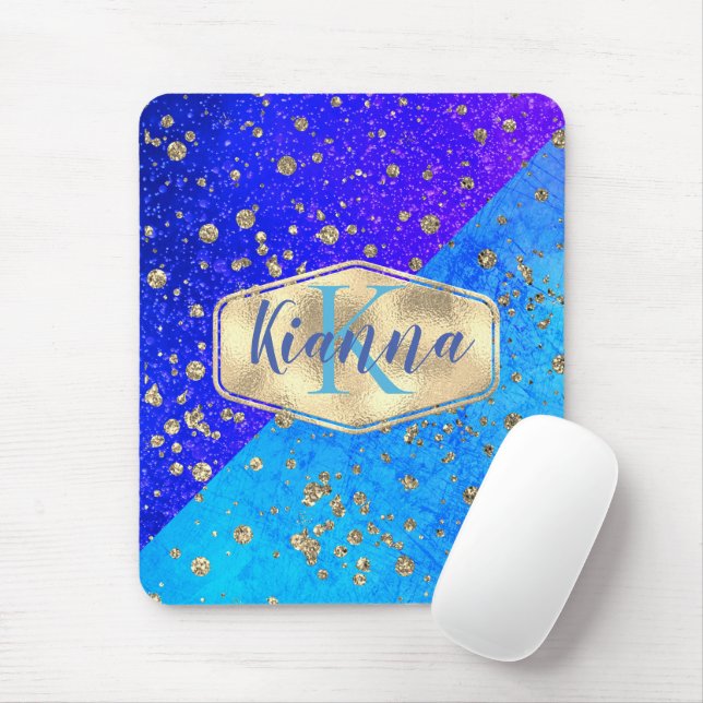 Personligen Glittery Dreamy Blue Monogram Musmatta (Med mus)