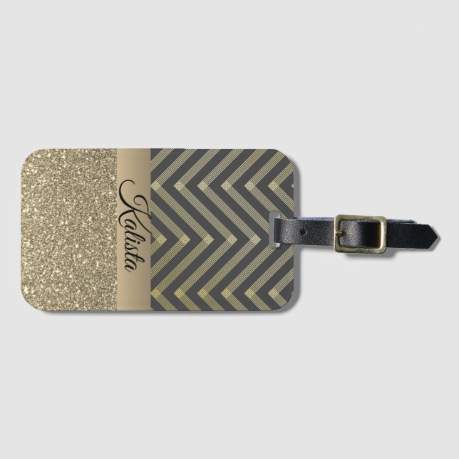 Personligen Glittery Guld och Black Chevron Bagagebricka (Framsida horisontal)