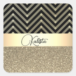 Personligen Glittery Guld och Black Chevron Fyrkantigt Klistermärke