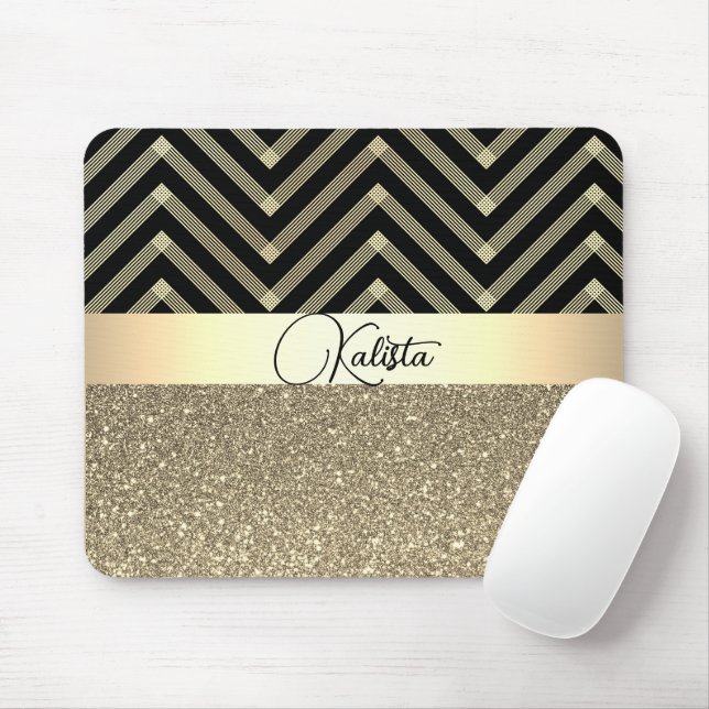 Personligen Glittery Guld och Black Chevron Musmatta (Med mus)