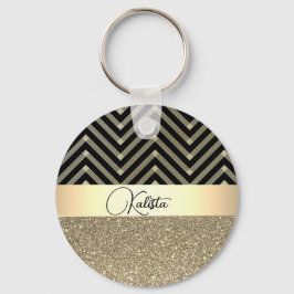 Personligen Glittery Guld och Black Chevron Nyckelring