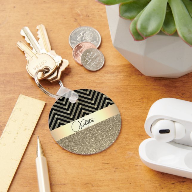Personligen Glittery Guld och Black Chevron Nyckelring (Skrivbord)