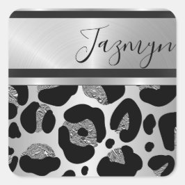 Personligen Glittery Silver Leopard Safari Print Fyrkantigt Klistermärke