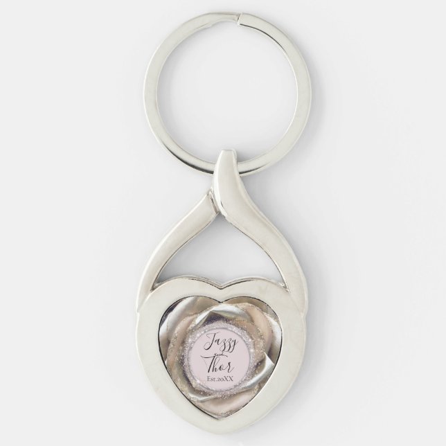 Personligen Glittery Silver Ro Petals Twisted Heart Silverfärgad Nyckelring (Framsidan)