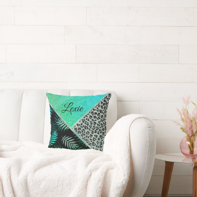 Personligen Glittery Teal Tropical Leopard Print Kudde (Soffa)