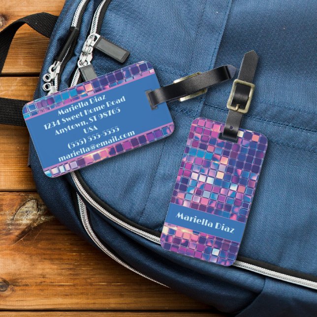 Personligen Groovy Blue & Lila Disco Boll Bagagebricka (Groovy blue and purple disco ball personalized 2 sided luggage tag)