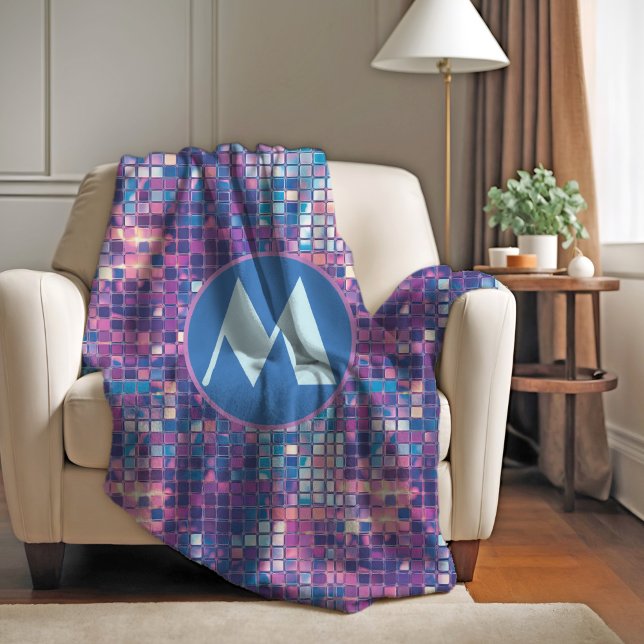 Personligen Groovy Blue & Lila Disco Boll Fleecefilt (groovy blue and purple disco ball personalized monogram fleece blanket)