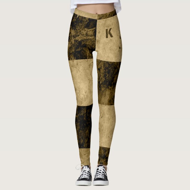 Personligen Guld Black Grunge Tiles Monogram Leggings (Framsida)