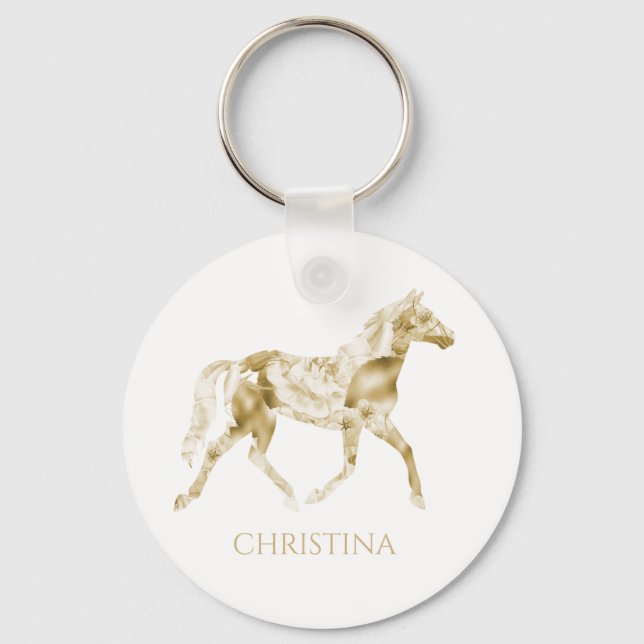 Personligen Guld Blommigt i Horse Keychain Nyckelring (Framsida)
