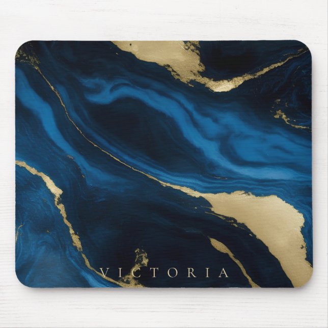 Personligen Guld, Blue and Black Marble Struktur Musmatta (Framsidan)