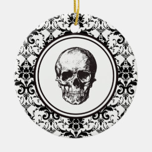 Personligen HALLOWEEN Black Damask Pattern Skull Julgransprydnad Keramik