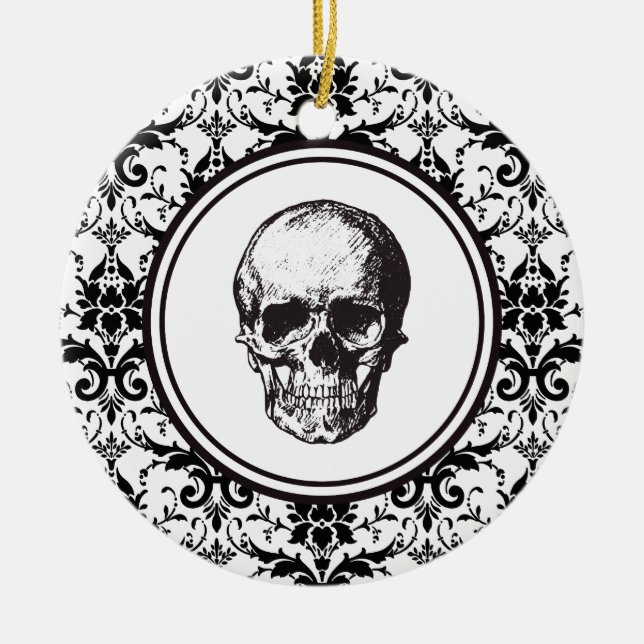 Personligen HALLOWEEN Black Damask Pattern Skull Julgransprydnad Keramik (Framsidan)