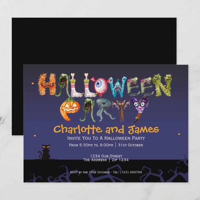 Personligen Halloween fest Spooky Typography Inbjudningar (Fram/baksida)