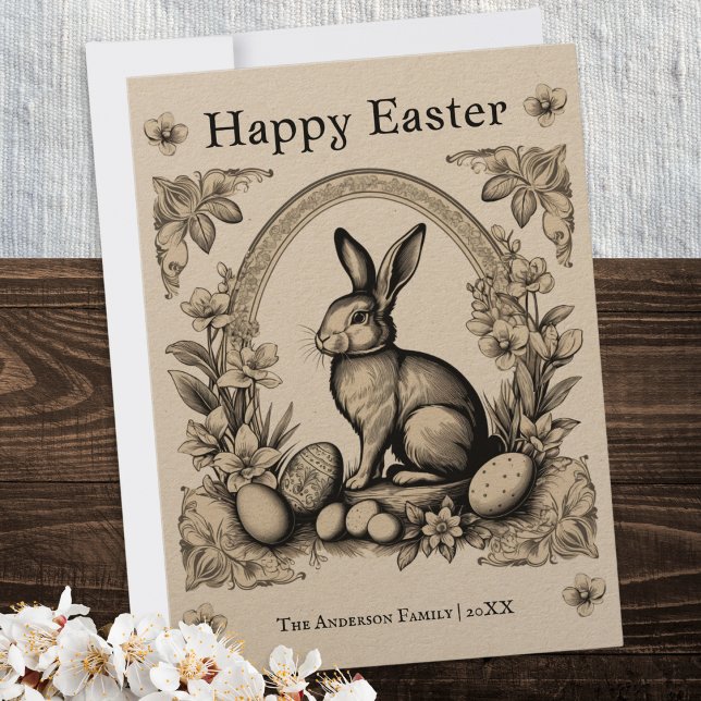 Personligen Hälsning i  Påskhare, vintage Julkort (A delightful personalized Easter card with picture of a rabbit with eggs and flowers)
