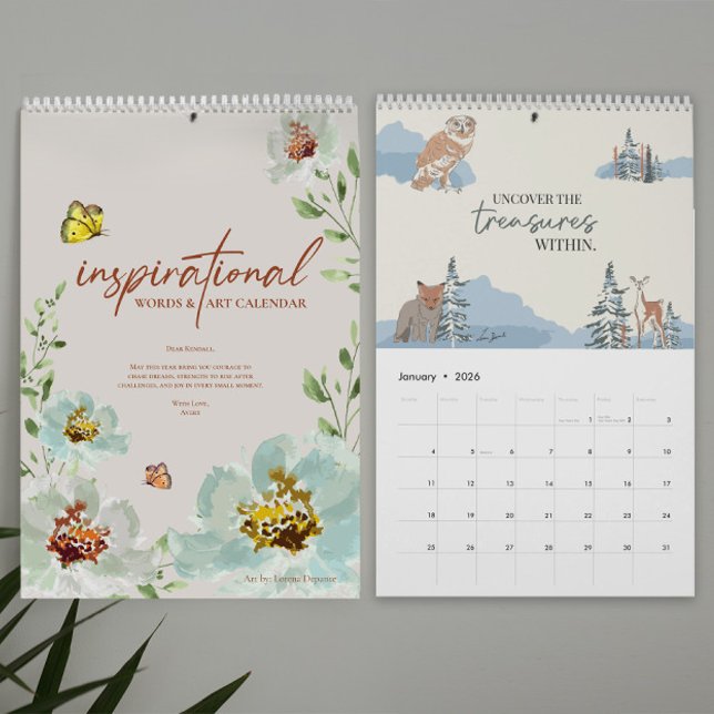 Personligen Idéational Ord & Art 2026 Kalender (Personalized Inspirational 2026 Words & art calendar with watercolor designs by Lorena Depante.)