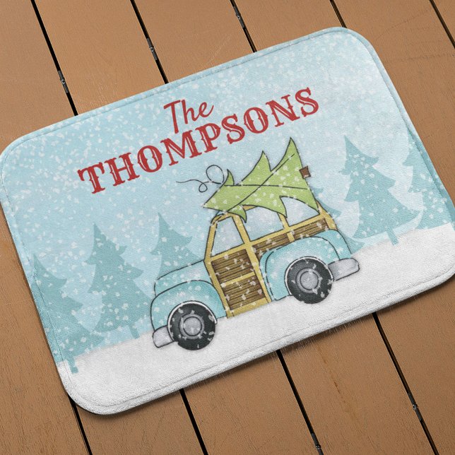 Personligen Julgran Winter Snowflake Car Badrumsmatta (Christmas classic holiday woodland Woodie card bath mat)