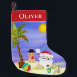 Personligen Julsommaren Santa Beach Kids Liten Julstrumpa<br><div class="desc">Den här designen har en söt sommarstrandscen med en tropisk tomt med handflatan träd och sandy snögubbe på stranden. Perfekt för dem som firar en tropisk Personlig eller sommarjulhelg genom att redigera texten i textrutan ger #julnummer #merry #merrychristmas #Julafton #personlig #sumhandelristmas #tropicalchristmas #beachristmas #strand #tropical #helgdagar #gifts #gifts #säsong #festive...</div>