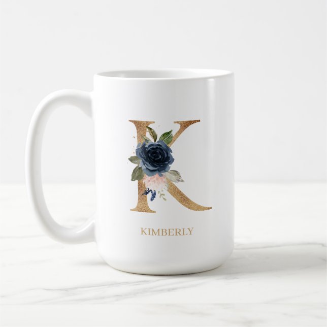 Personligen ’K’ för marin  Blommigt, Monogram Brev Kaffemugg (Vänster)