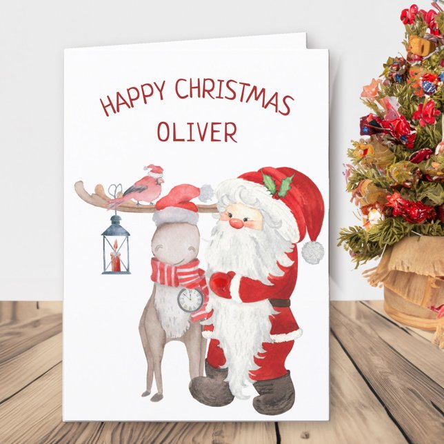 Personligen Kids i Santa och Reindeer Helgkort (Kids Santa Christmas Card with childs name)
