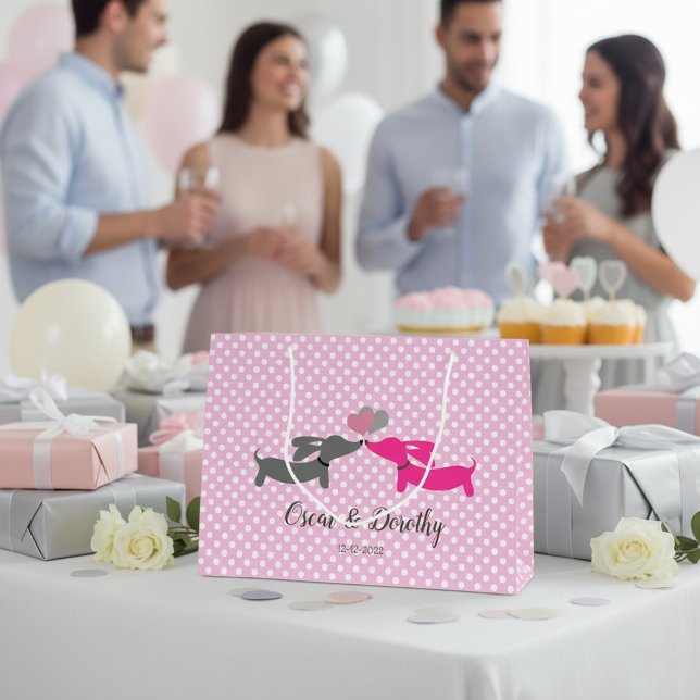 Personligen Kissing Dachshund Bröllop Gift Bag (Dachshund wedding gift bag pink)